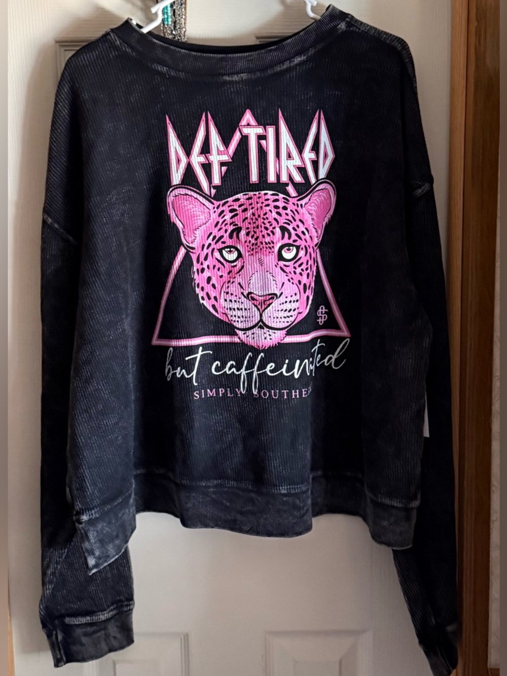 Def Tired But Caffeinated Pink Leopard Graphic Sweatshirt